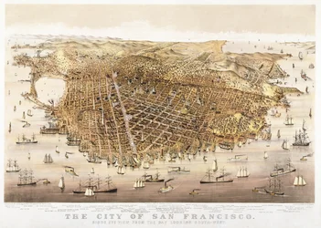 Miasto San Francisco, widok z lotu ptaka z zatoki na południowy-zachód, opublikowane przez Currier & Ives