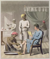 A Gentleman Dressing z udziałem jego głównego okaziciela i innych służących, płyta 4 z „Europejczyka w Indiach”, wydanego w 1813 r. (akwatinta ręcznie kolorowana)