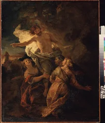 Chrystus i Święte Niewiasty. (Chrystus i Święte Niewiasty). Jezus Chrystus wstaje przed trzema dziewicami. Obraz Charlesa de La Fosse (1636-1716), początek 1680. Sztuka francuska w stylu barokowym. Olej na płótnie. Muzeum Puszkina w Moskwie.