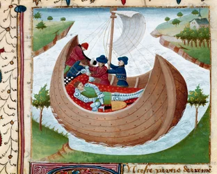 Pogrzeb na morzu Miniatura zaczerpnięta z „”Romanesque du Chevalier Tristan”” Mistrza Karola z Maine 1440-1460. Chantilly, musee Conde - Morski pogrzeb rycerza Okrągłego Stołu - Miniatura z Roman du Chevalier Tristan, autorstwa Mistrza Karola z Main