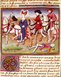 Królowa Izolda (lub Izolda) to koń w towarzystwie miniaturowych jeźdźców zaczerpniętych z „”Romanesque du Chevalier Tristan”” przez Mistrza Karola z Maine 1440-1460. Chantilly, Muzeum Conde
