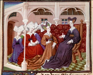 Królowa Izolda (lub Izolda) rozmawiająca ze swoimi miniaturowymi towarzyszami z „”Romansu rycerza Tristana”” Mistrza Karola z Maine 1440-1460. Chantilly, Muzeum Conde
