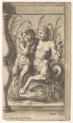 Dwa trytony obejmujące, jeden grający na piszczałce, drugi trzymający muszlę ustawioną w…, 1579.