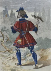 Sokolnik w gospodarstwie François Ier w XVI wieku, ilustracja z „Costumes de Paris a travers les siecles” H. Gourdona de Genouillac (kolorystyka)