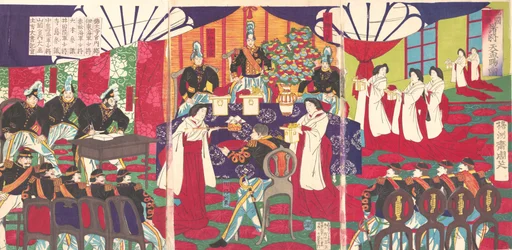 Ilustracja przedstawiająca dowódców, którzy spacyfikowali zachodnią Japonię, przyjmując cesarza..., wrzesień 1887 r.