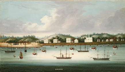 Widok Singapuru z dróg z żeglugą amerykańską, francuską i brytyjską, ok.1850