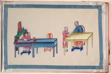 Album, koniec XIX wieku (album z dwunastoma liśćmi; tusz i kolor na papierze pakowym, oprawiony w czerwony adamaszek)