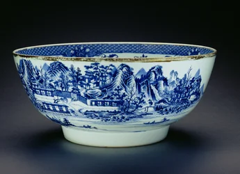 Niebiesko-biała miska ozdobiona sceną przedstawiającą produkcję porcelany (porcelany) (zob. 208012)