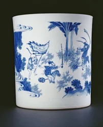 Niebiesko-biała szczotka namalowana z damą i chłopcami bawiącymi się na koniach hobbystycznych, Chongzheng, 1630-44 (porcelana) (patrz 205936)