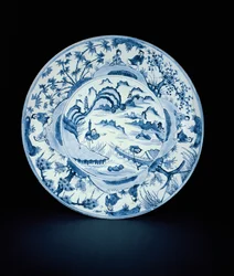 Niebiesko-białe naczynie namalowane z rybakami w scenie rzeki, Tianqi lub Chongzheng, 1620-30 (porcelana)
