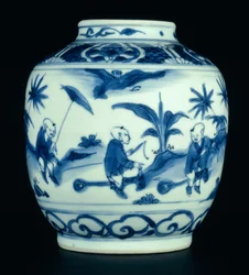 Niebiesko-biały słoik pomalowany z chłopcami bawiącymi się na koniach hobbystycznych, Wanli lub Chongzheng, 1600-30 (porcelana) (patrz 206093, 206095, 206096)