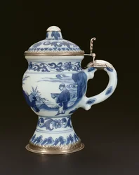 Niebiesko-biały garnek musztardowy z pokrywą malowany z uczniem i pomocnikiem, Chongzheng, 1635-40 (porcelana)