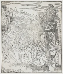 Chrystus u studni, płyta z Giulio Alenis Tianzhu jiangsheng zhuxiang jingjie (Ilustrowana historia Pana Nieba, który wcielił się w ciało), kościół Jinjiang, prowincja Fujian, Chi