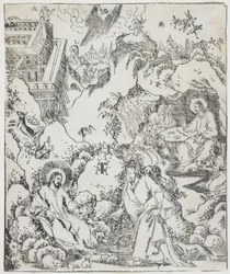 Chrystus na pustkowiu, płyta z Giulio Alenis Tianzhu jiangsheng zhuxiang jingjie (Ilustrowana historia Pana Nieba, który wcielił się w ciało), kościół Jinjiang, prowincja Fujian