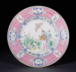 Talerz obiadowy malowany farbą Famille Rose przedstawiający La Dame au Parasol, według projektu Cornelisa Pronka (1691-1759) okres Qianlong (1736-95) c.1734 (porcelana)