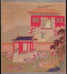 Cesarz Chin Wang Ti (r.221-210 pne) pali wszystkie chińskie księgi i wrzuca akademików do głębokiego wąwozu, z historii cesarzy chińskich w 213 pne (kolor na jedwabiu)