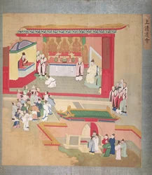 Cesarz Hui Tsung (r.1100-26) praktykujący z buddyjską sektą Tao-See, z Historii cesarzy Chin (kolor na jedwabiu)