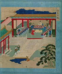Cesarz Hui Tsung (r.1100-26) biorący udział w festiwalu, podczas którego pije z czarki wykonanej ze szlachetnego kamienia, z historii cesarzy chińskich (kolor na jedwabiu)