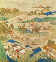 Cesarz Hui Tsung (r.1100-26) przewożący przebite kamienie i drzewa o dziwnych kształtach, z Historii cesarzy Chin (kolor na jedwabiu)