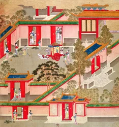 Cesarz Wu Ti (156-87, r.141-87 pne), opuszczając swój pałac, z historii cesarzy chińskich (kolor na jedwabiu)