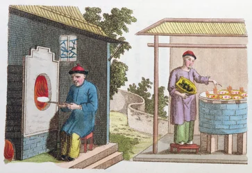 Wypalanie porcelany w Chinach pod koniec XVIII wieku, z La Chine en Miniature, J.B. Breton, Paryż, red. Nepveu, 1811 (kolorowe grawerowanie)