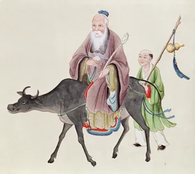 Lao-Tzu (ok. 604-531) na swoim bawole, a za nim uczeń (wc na papierze)