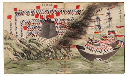Scena bitwy morskiej przy fortach Dagu lub Taku, druga wojna opiumowa, 1859