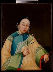 Portret damy dworskiej siedzącej do połowy w haftowanej szacie trzymającej kwiat, połowa XIX w.