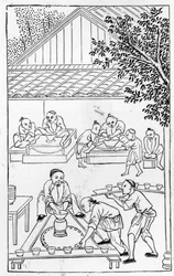 Toczenie kubków, z serii ilustracji dotyczących produkcji porcelany (patrz 384116 i 384117 dla całej serii)