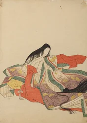 Siedząca dama dworu, zwrócona w lewo, plansza z albumu: Nishiki-zuri onna sanju rokkasen e-zukushi