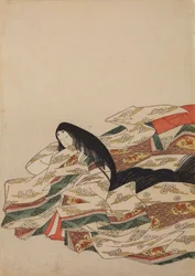Siedząca dama dworu, zwrócona w lewo, plansza z albumu: Nishiki-zuri onna sanjū rokkasen e-zukushi