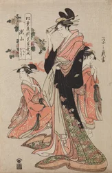 Oiran Seyama z domu Matsuba-ya ze swymi kamuro Iroka i Yukari, z serii: Uroczystość otwarcia nowego domu Matsuba-ya