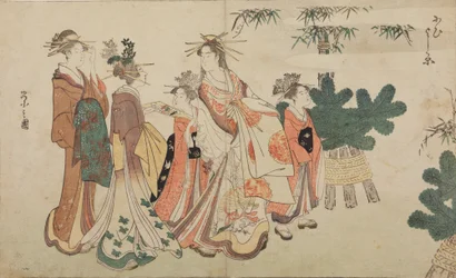 Oiran podczas noworocznego spaceru w otoczeniu dwóch shinzo i dwóch kamuro