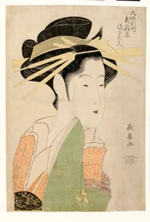 Portrait de la courtisane Tsukasa Dayu z Higashi Ogiya w dzielnicy Shinmachi w Osace - kolorowy linoryt autorstwa Eishosa