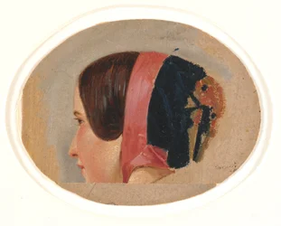 Portret młodej dziewczyny z pocałunkiem, profil odwrócony w lewo