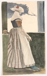 Młoda dziewczyna robi na drutach w Sallingdrakt, wygląda przez okno