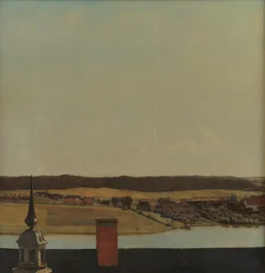 Kalenica na dachu zamku Frederiksborg z widokiem na jezioro, miasto i las