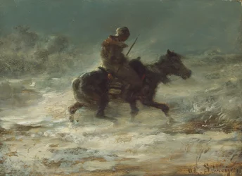 Człowiek z lancą jadący przez śnieg, ok. 1930 r. 1880.