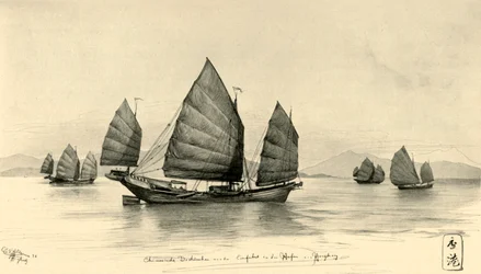 Chińskie dżonki przy wejściu do portu w Hongkongu, 1898.