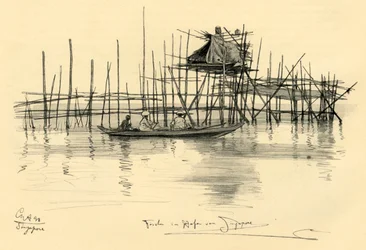 Dom na palach i rybacy w porcie w Singapurze, 1898.
