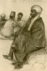 Mężczyzna palący fajkę wodną na pokładzie parowca „Hatasoo”, Egipt, 1898 r.