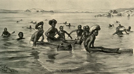 Mężczyźni w Nilu przy pierwszej katarakcie, Egipt, 1898.