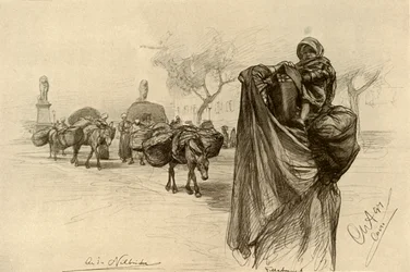 Kobieta i dziecko w pobliżu mostu Kobri el Gezira, Kair, 1898 r.