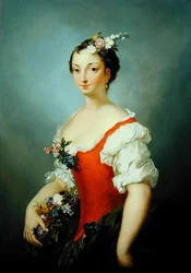 Portret kobiety trzymającej kwiaty (olej na desce)
