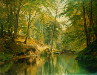Zalesiony krajobraz rzeczny z postaciami w łodzi, 1893