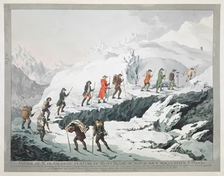 Horace Bénédict de Saussure i jego przewodnicy przekraczają lodowiec na Mont Blanc
