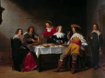 Fragment obrazu „Posiłek firmowy” autorstwa Christophe Van Der Lamen (1606-1651) (ec.flam) Rouen z XVII wieku, Musee des Beaux Arts.
