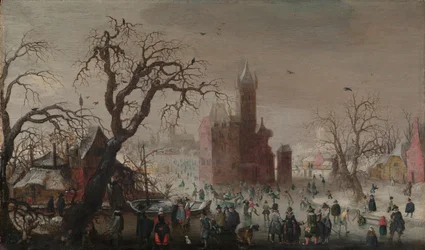 Pejzaż zimowy z łyżwiarzami i wyimaginowanym zamkiem, ca. 1615-20.