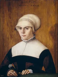Portret przerwy, 28 lat, Joerg Zuber, orfevre d’Augsbourg - żona Joerga Zoerera, w wieku 28 lat, Amberger, Christoph (ok. 1505-1562)