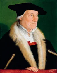 "" Portret niemieckiego humanisty Sebastiana Munstera "" (Portret kosmografa Sebastiana Muenstera (1489-1552)) Obraz Christopha Ambergera (wersety 1500-1562), werset 1550 - Olej na drewnie Wymiary 55,8x43,3 cm Staatliche Museum , Berlin